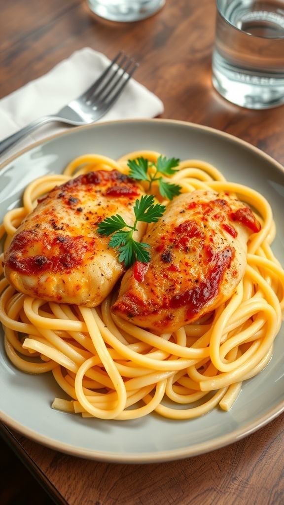 One-pan chicken with butter noodles garnished with parsley on a rustic table.